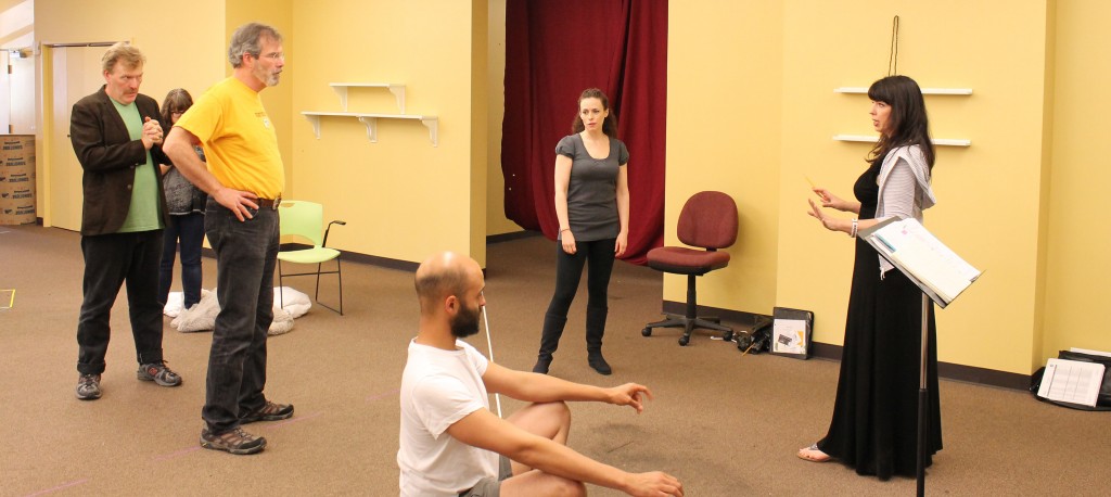 Kelly Kitchens (far right) in rehearsal for The Tempest with Jim Lapan, Jim Gall, Brandon J. Simmons, and Meg McLynn