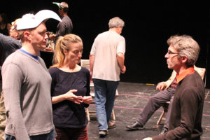 Director George Mount talks with Matt Shimkus (Benedick) and Jennifer Lee Taylor (Beatrice) in rehearsal for "Much Ado About Nothing."
